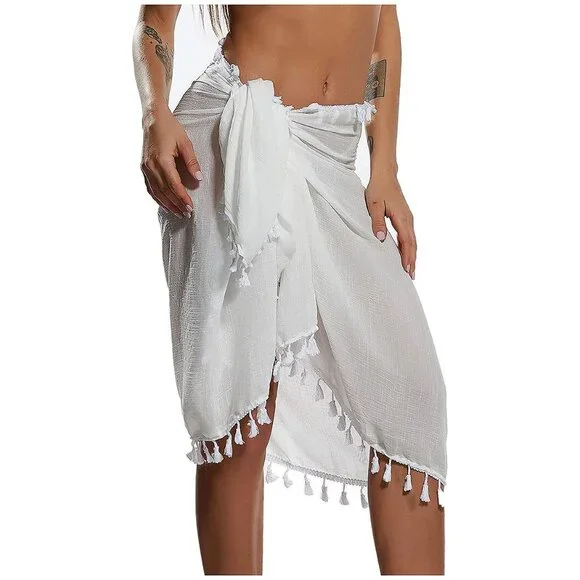 Beach Sarong Pareo Womens Semi-Sheer Swimwear 28-black+white-short - Picture 2 of 6